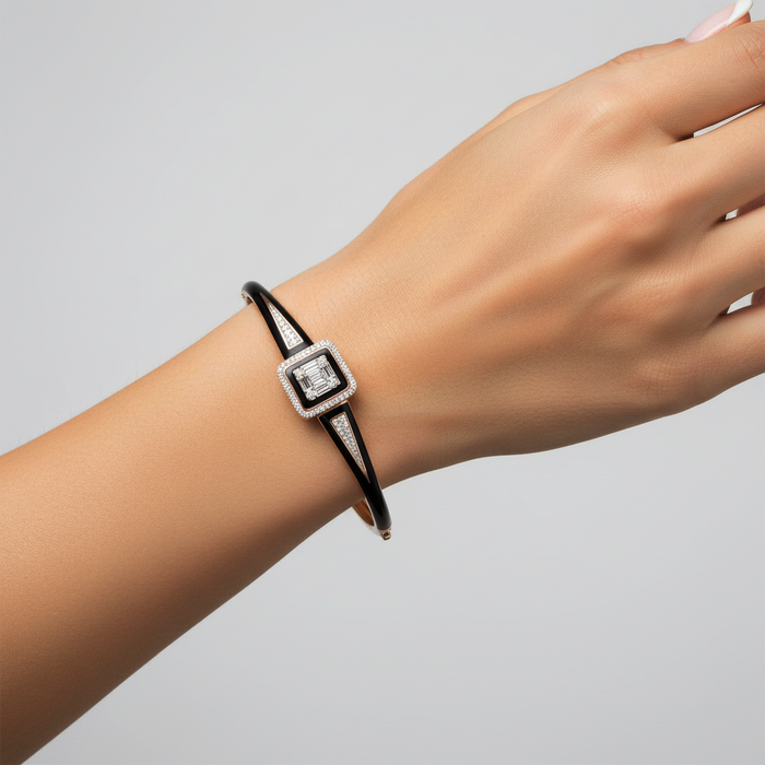 Black Enamel Emerald Cut Diamond Bracelet in 14K Gold