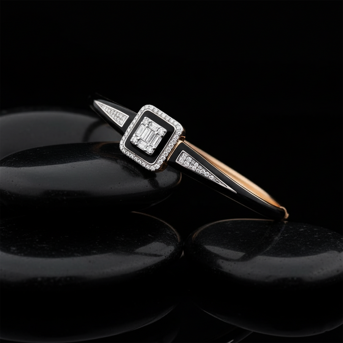 Black Enamel Emerald Cut Diamond Bracelet in 14K Gold
