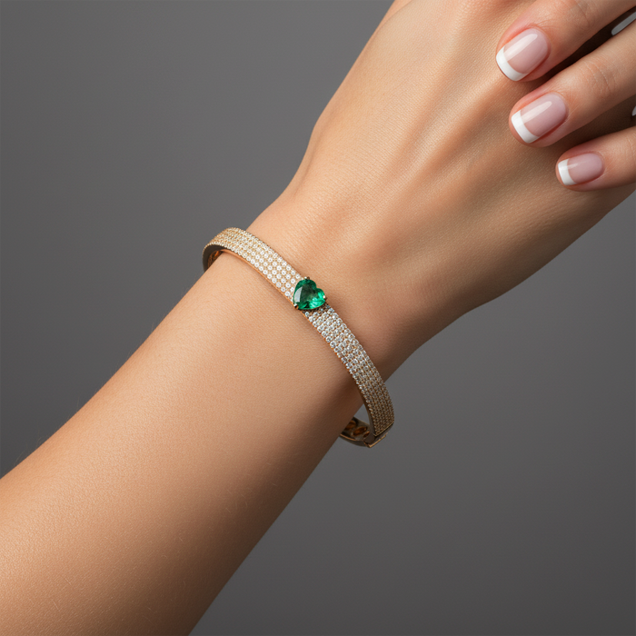Green Heart Emerald Bangle Bracelet in 14K Yellow Gold