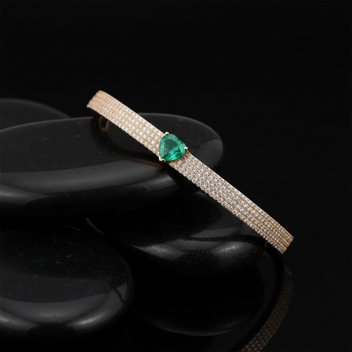 Green Heart Emerald Bangle Bracelet in 14K Yellow Gold
