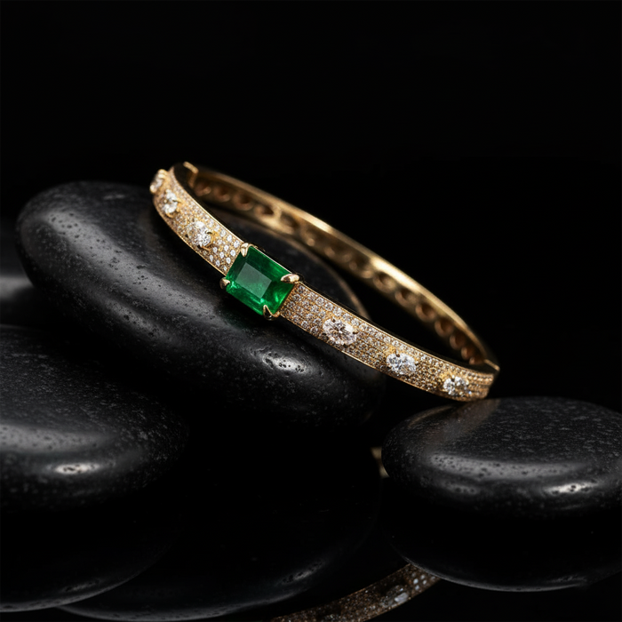 Emerald Cut Green Bangle Bracelet in 14K Yellow Gold