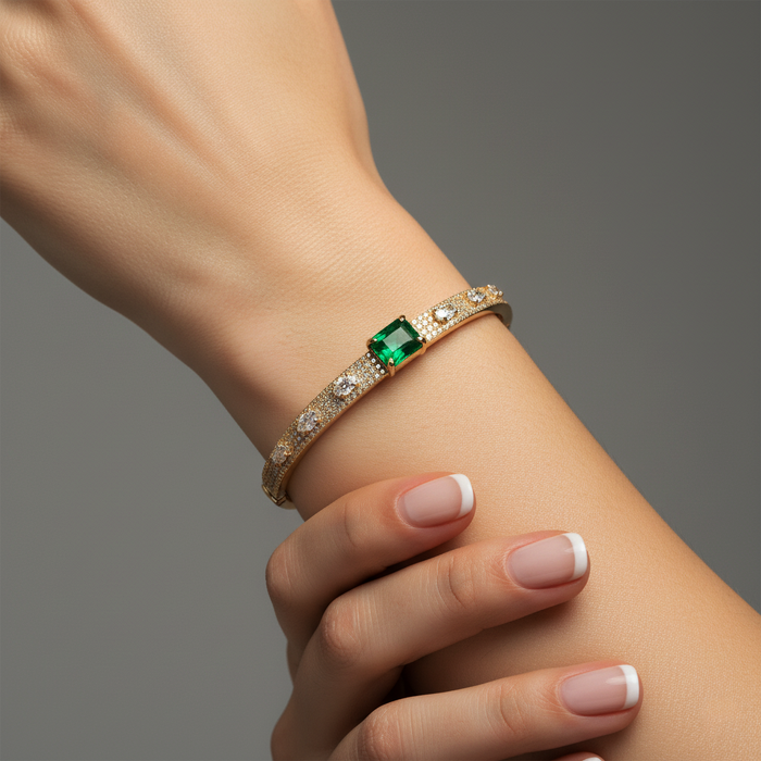 Emerald Cut Green Bangle Bracelet in 14K Yellow Gold