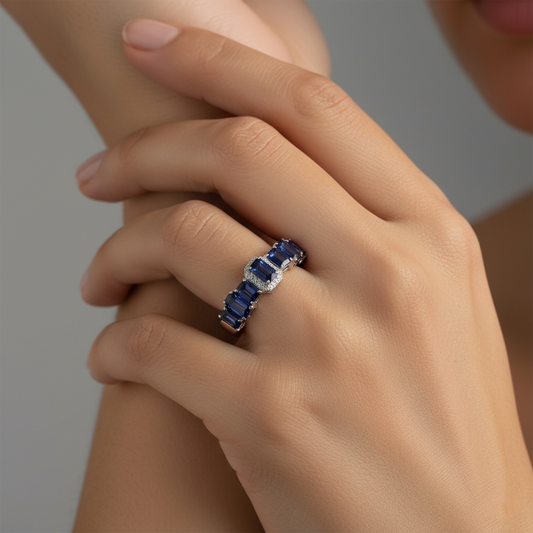 Vivid Blue Sapphire Diamond Eternity Ring in 14K White Gold