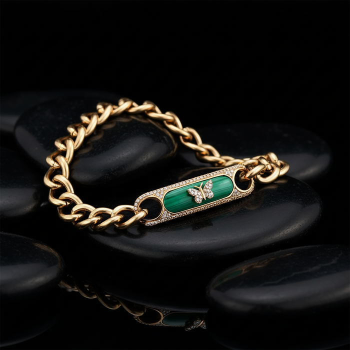 Malachite Butterfly Curb Chain Bracelet in 14K Yellow Gold