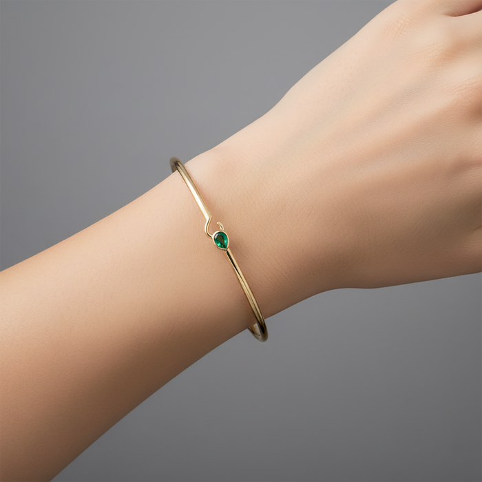 Minimalist Bangle Pear Shaped Emerald Bracelet in 14K Yellow Gold