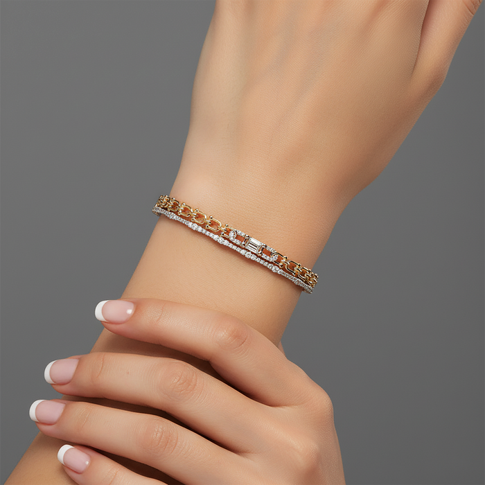 Baguette Chain Link Diamond Bangle Bracelet in 14K Gold