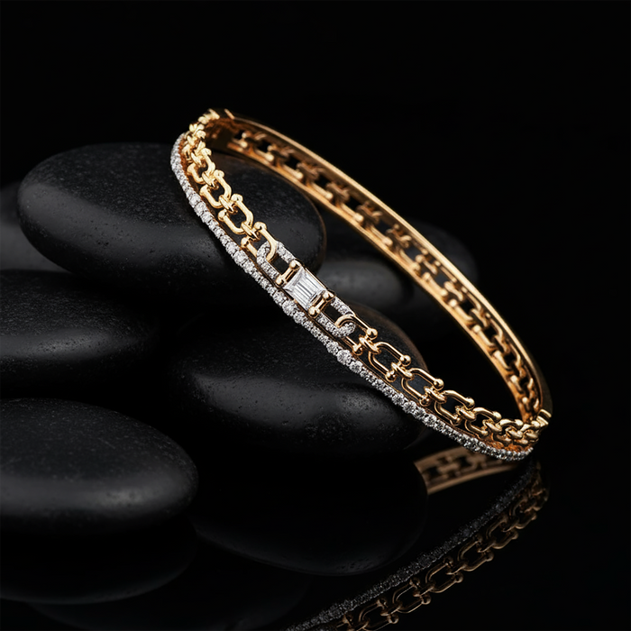 Baguette Chain Link Diamond Bangle Bracelet in 14K Gold