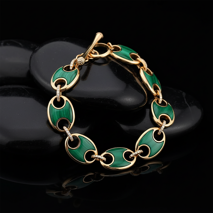 Malachite Diamond Toggle Clasp Link Bracelet in 14K Yellow Gold