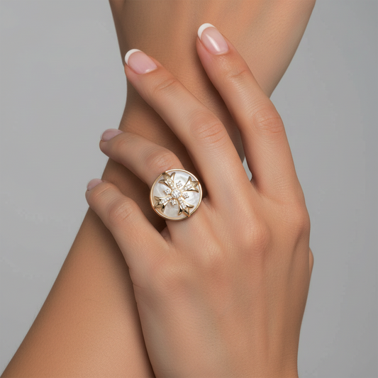 Round Pearl Diamond Signet Ring in 14K Yellow Gold