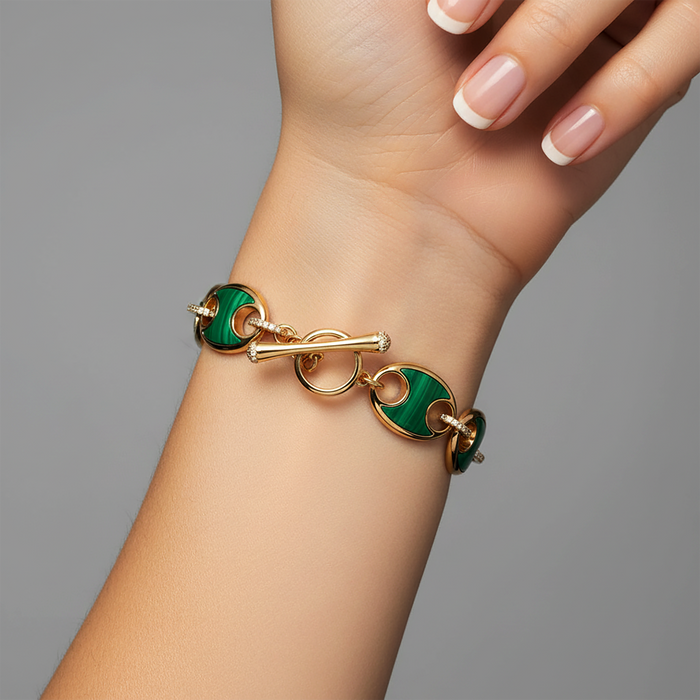 Malachite Diamond Toggle Clasp Link Bracelet in 14K Yellow Gold