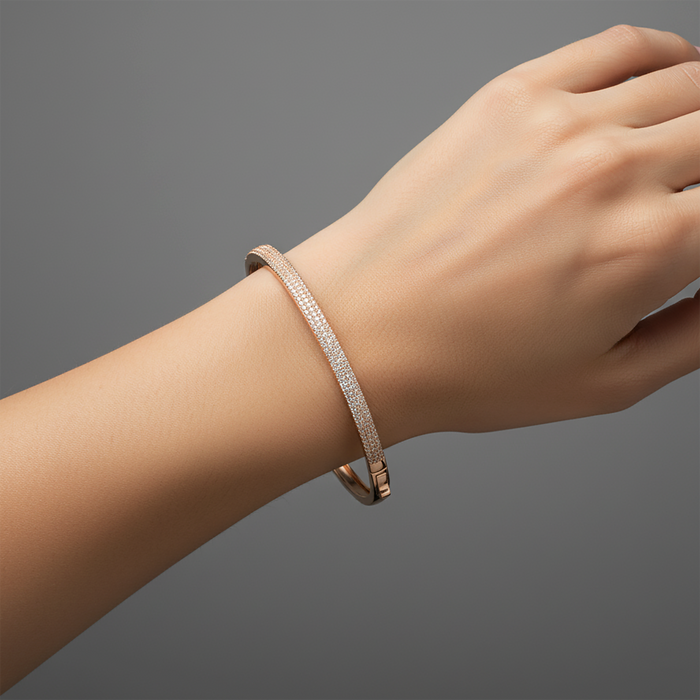 Micro Pave Diamond Oval Bangle Bracelet in 14K Yellow Gold