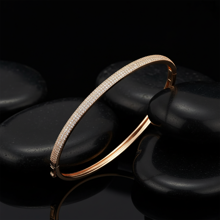 Micro Pave Diamond Oval Bangle Bracelet in 14K Yellow Gold