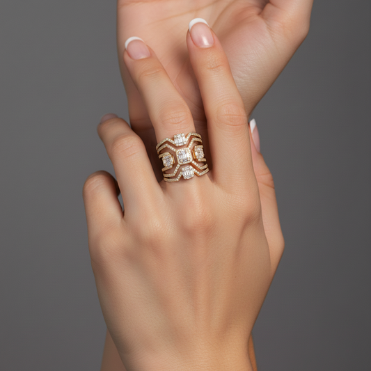 Art Deco Asscher Cut Diamond Wide Band Ring in 14K Yellow Gold