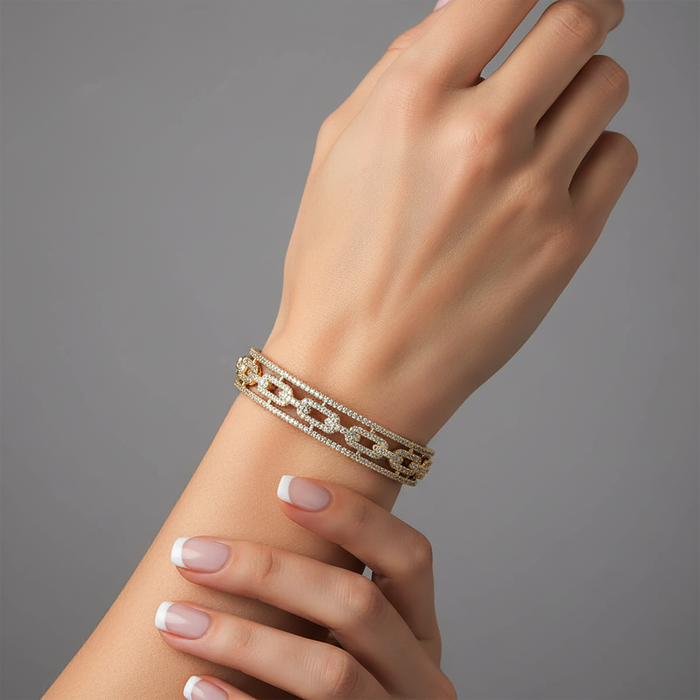 Triple Row Chain Link Diamond Bangle Bracelet in 14K Yellow Gold