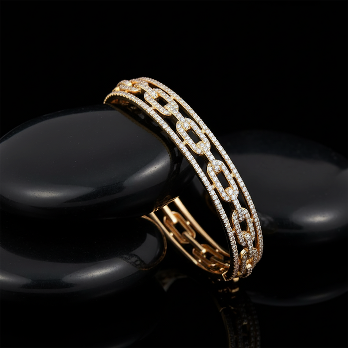 Triple Row Chain Link Diamond Bangle Bracelet in 14K Yellow Gold