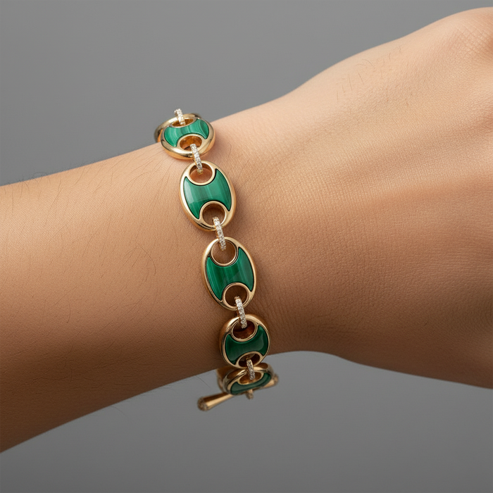 Malachite Diamond Toggle Clasp Link Bracelet in 14K Yellow Gold