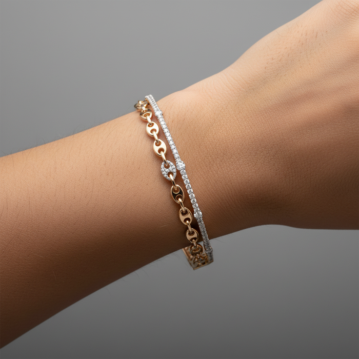 Motif Bangle Chain Diamond Pave Bracelet in 14K Gold
