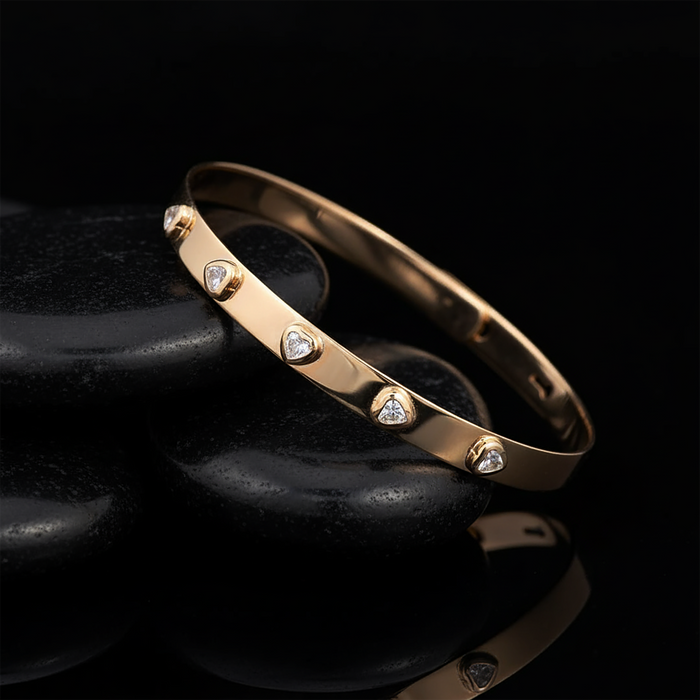 Heart Cut Diamond Studded Bangle Bracelet in 14K Yellow Gold