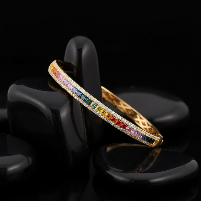 Rainbow Sapphire Bangle Bracelet in 14K Yellow Gold