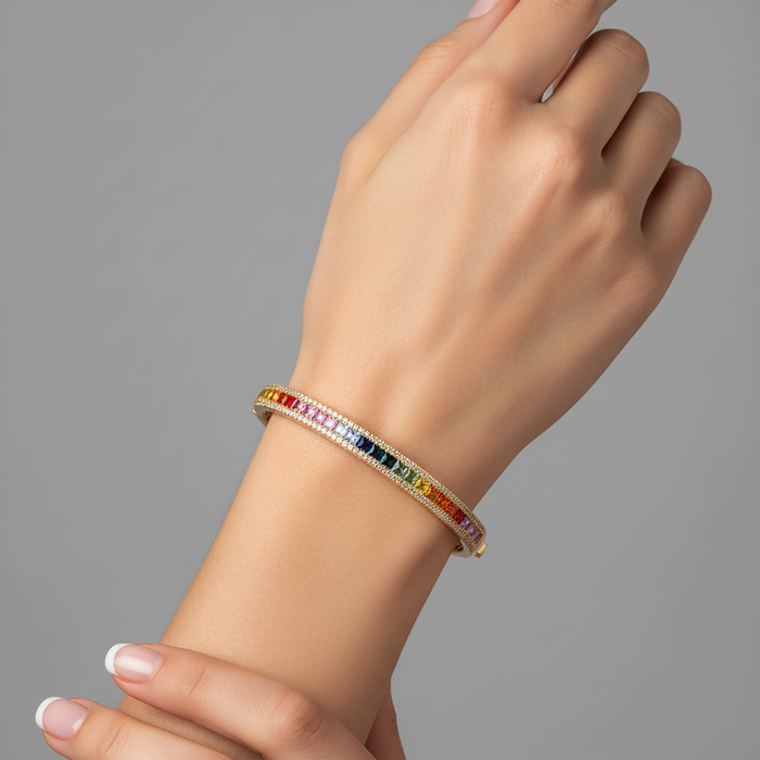 Rainbow Sapphire Bangle Bracelet in 14K Yellow Gold