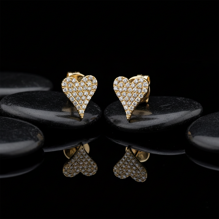 Heart Shape Diamond Stud Earrings in 14K Yellow Gold