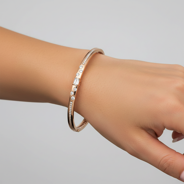 Baguette Round Diamond Scatter Bangle Bracelet in 14K Rose Gold