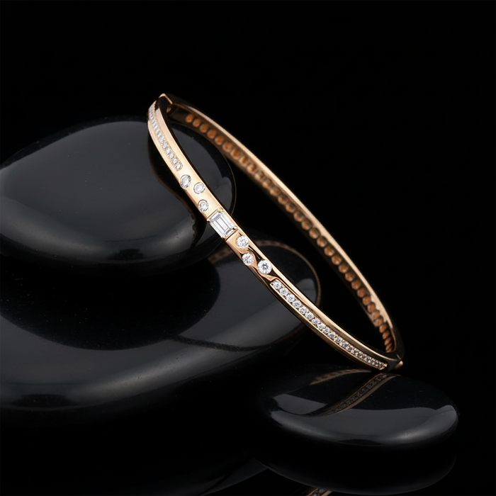 Baguette Round Diamond Scatter Bangle Bracelet in 14K Rose Gold