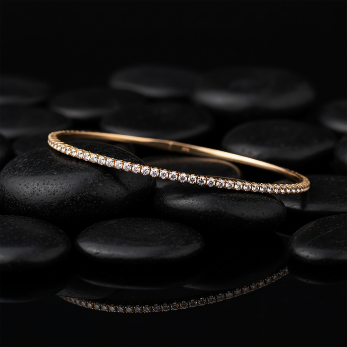 Round Diamond Thin Tennis Bangle Bracelet in 14K Yellow Gold