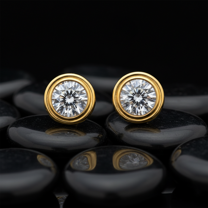 Round Brilliant Bezel Set 18K Yellow Gold Stud Earrings