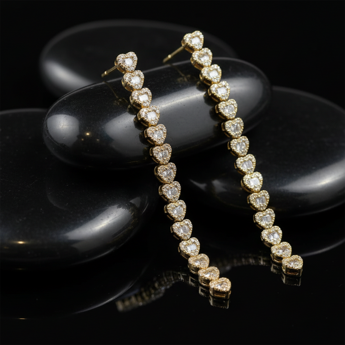 Heart Shaped Diamond Line Drop Earrings in 18K Yellow Gold