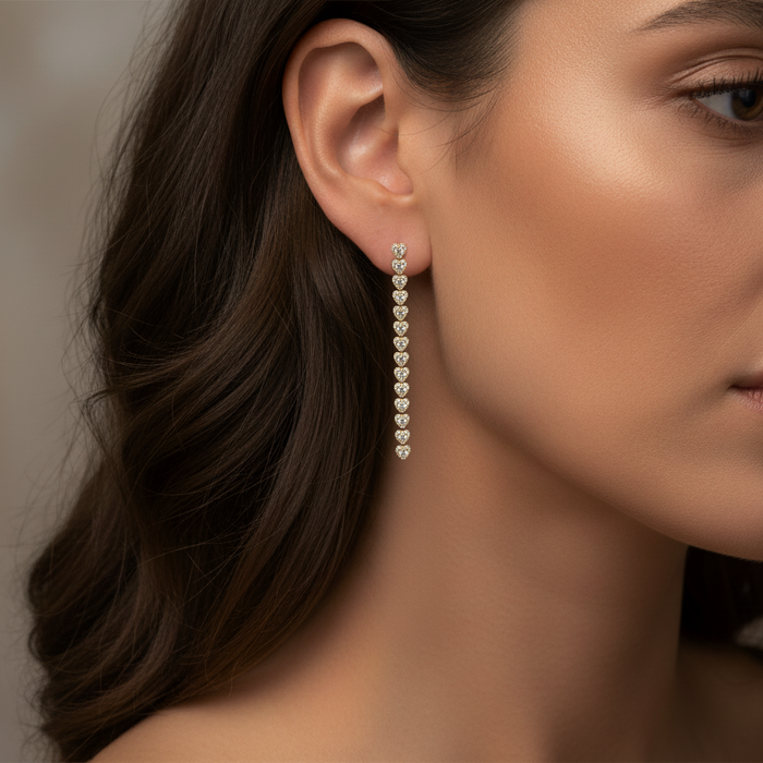 Heart Shaped Diamond Line Drop Earrings in 18K Yellow Gold