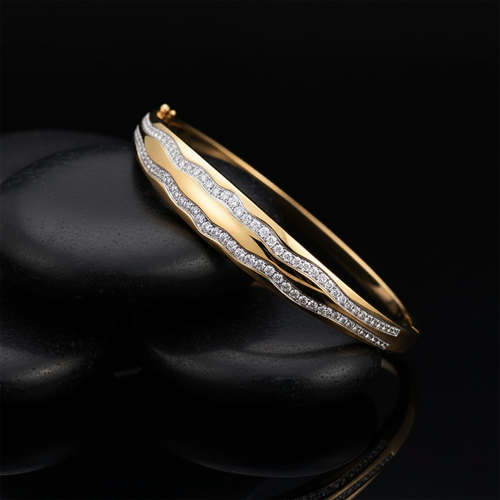 106 Dual Diamond Wave Design 14K (or 18k upon request) Yellow Gold Bangle Bracelet
