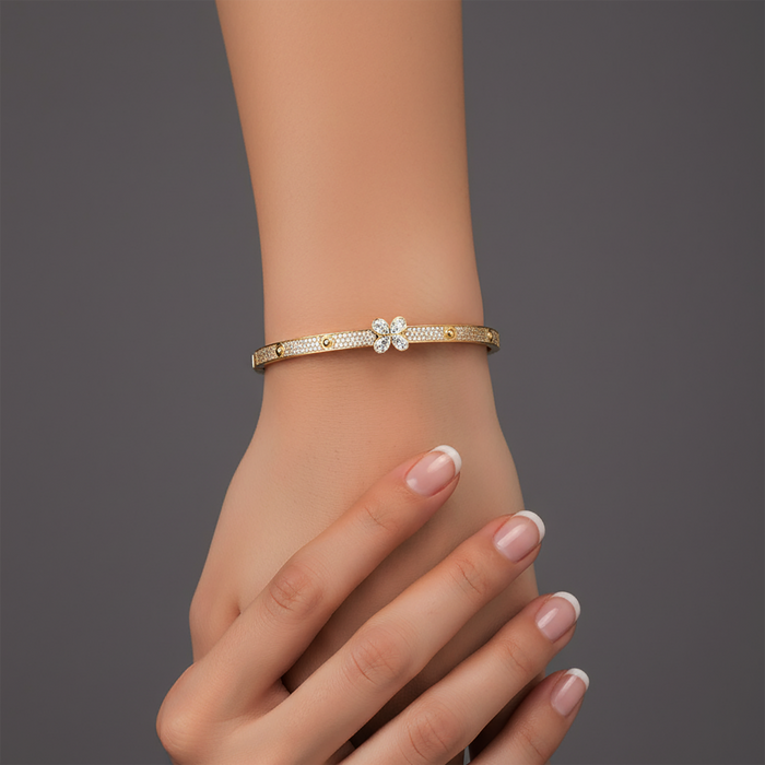 Floral Diamond Pave Detailing Bangle Bracelet in 14K Yellow Gold