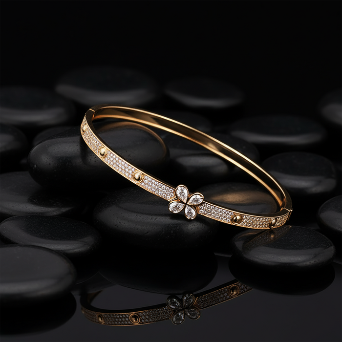 Floral Diamond Pave Detailing Bangle Bracelet in 14K Yellow Gold