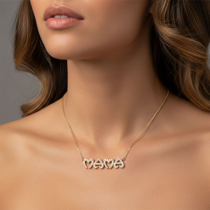 Heart Shaped Letters Mama Necklace in 14K Gold