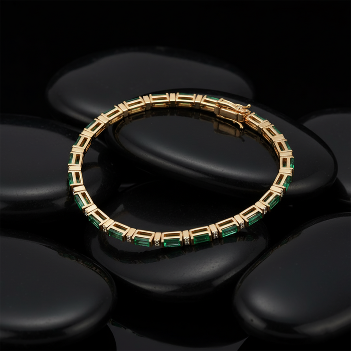 Green Gemstones Diamond Tennis Bracelet in 14K Yellow Gold
