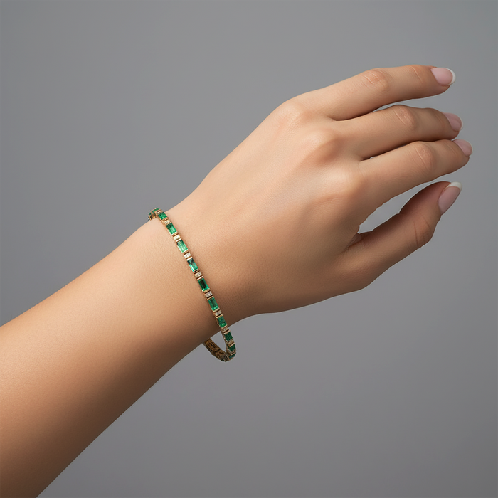 Green Gemstones Diamond Tennis Bracelet in 14K Yellow Gold