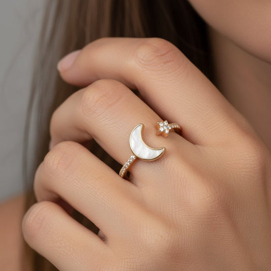 Celestial Charm Yellow Gold 14K Moon Star Ring
