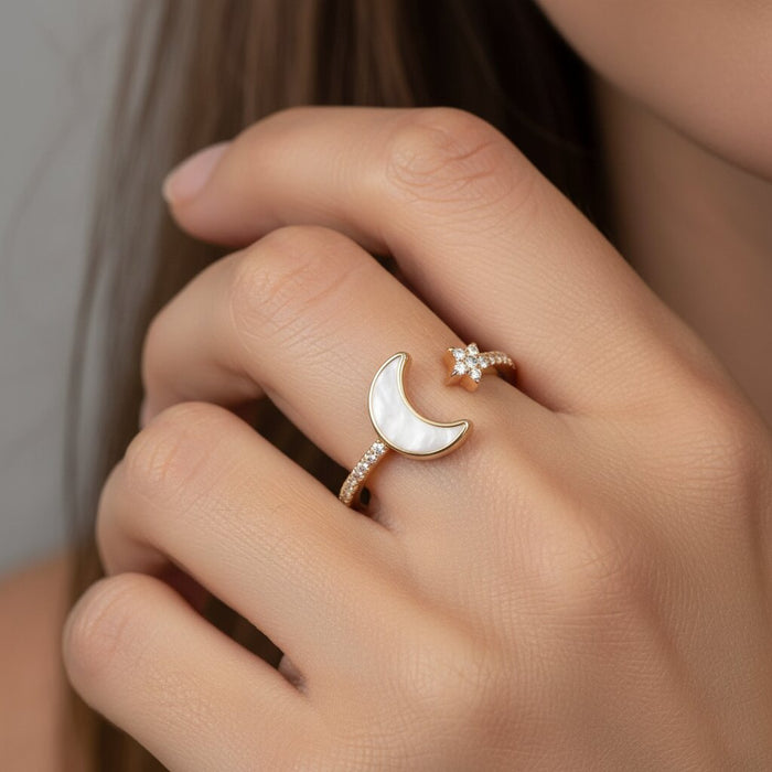 Celestial Charm Yellow Gold 14K Moon Star Ring