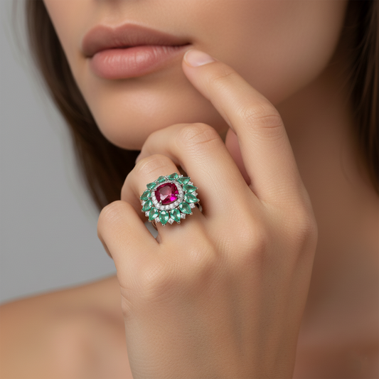 Ruby Emerald Diamond Signet Ring in 18K Yellow Gold