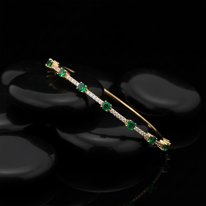 Emerald Diamond Bangle Bracelet in 14K Yellow Gold