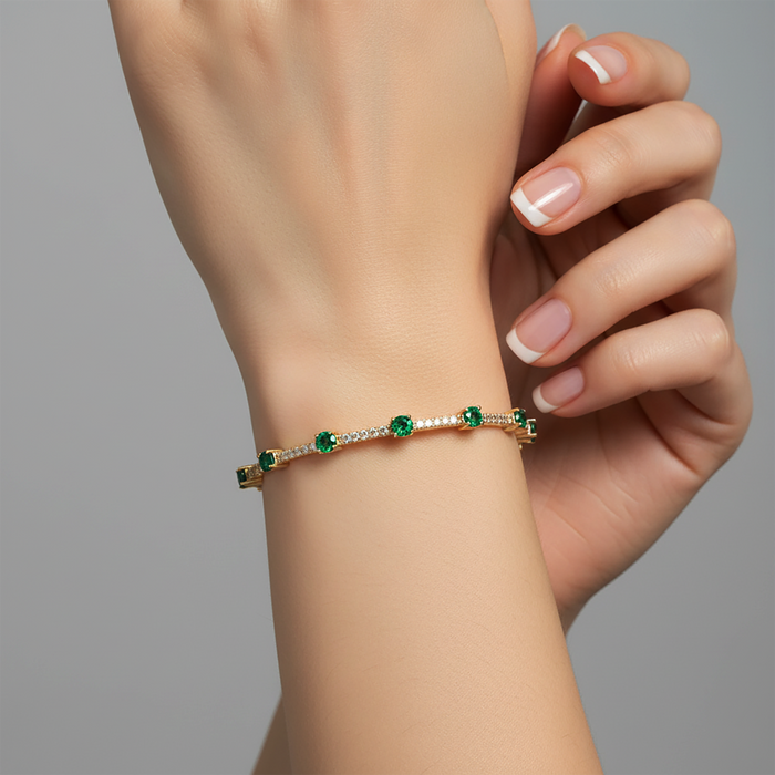 Emerald Diamond Bangle Bracelet in 14K Yellow Gold