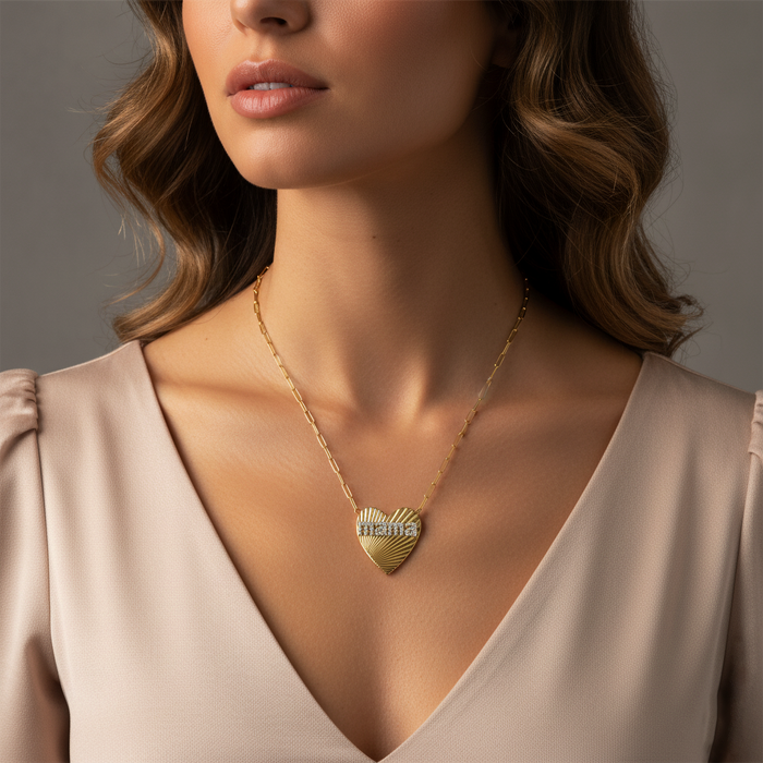 Abrasion Heart Shape 20Mm Mama Necklace in 14K Gold
