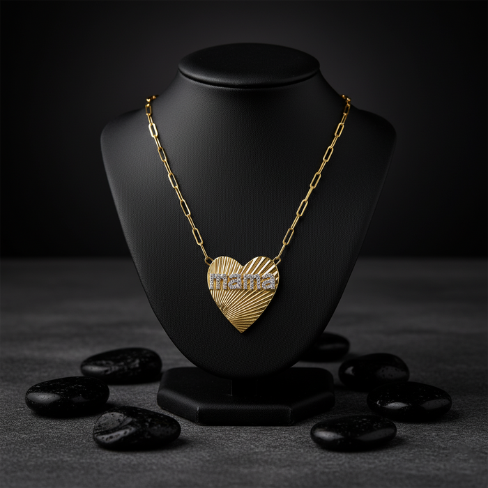 Abrasion Heart Shape 20Mm Mama Necklace in 14K Gold