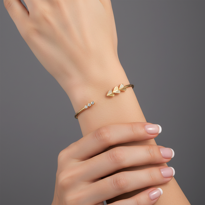 Open Heart Leaf Diamond Bangle Bracelet in 14K Yellow Gold