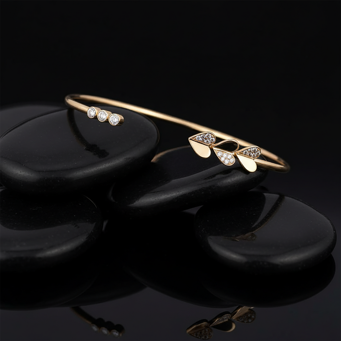 Open Heart Leaf Diamond Bangle Bracelet in 14K Yellow Gold