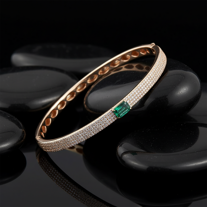 Green Emerald Center Pave Diamond Bangle Bracelet in 14K Yellow Gold