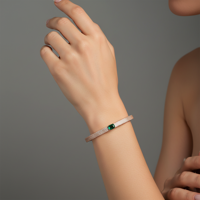 Green Emerald Center Pave Diamond Bangle Bracelet in 14K Yellow Gold