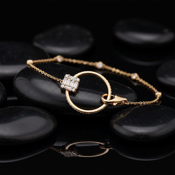 Baguette Diamond Circle Charm Bracelet in 14K Yellow Gold
