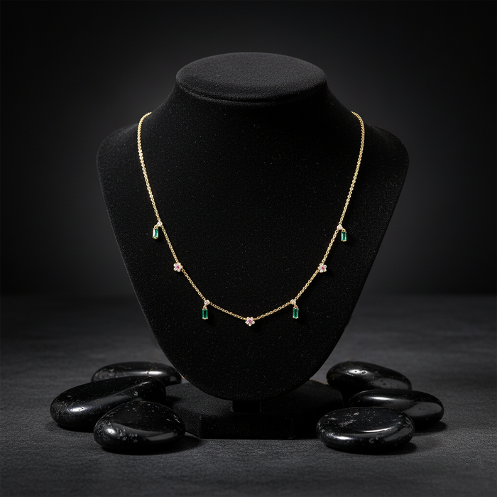Baguette Emerald Round Ruby Charms Necklace in 14K Yellow Gold
